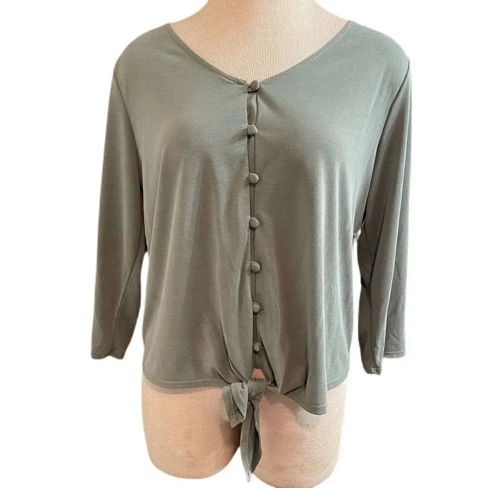Green Envelope Modal Button Down V Neck Tie Front Tee Top Green Size Large